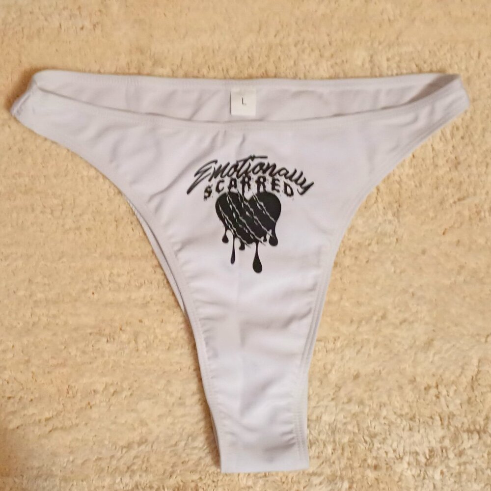 NWOT~White Lined "Emotionally Scarred" Cheeky, Hipster Bikini Bottom (Sz. Large)